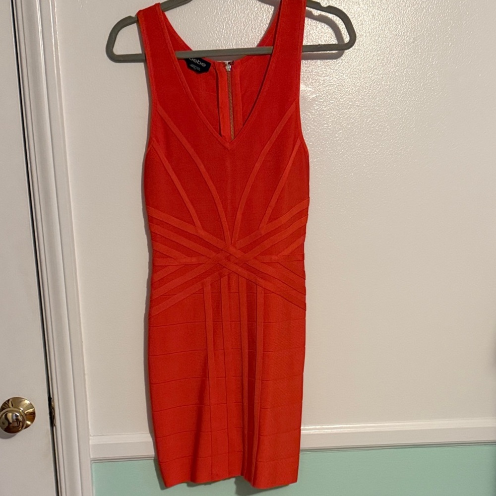 bebe Vibrant Firey Coral body-con Mini Dress